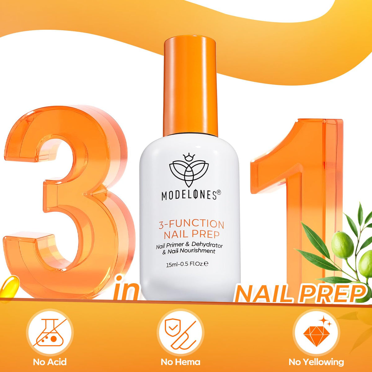 modelones Nail Dehydrator and Primer, 3-in-One HEMA-Free Nourishing Prep for Acrylic & Gel Nails