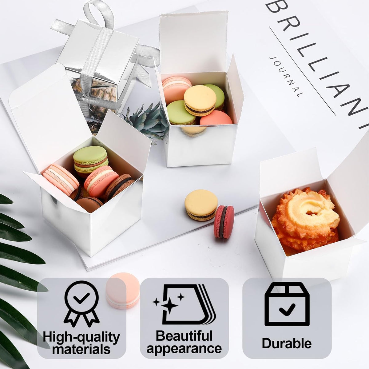 COCPOK 50 Pack Silver Gift Boxes, 2x2x2 inch Gift Box, Small Candy Boxes with Lids and Ribbons