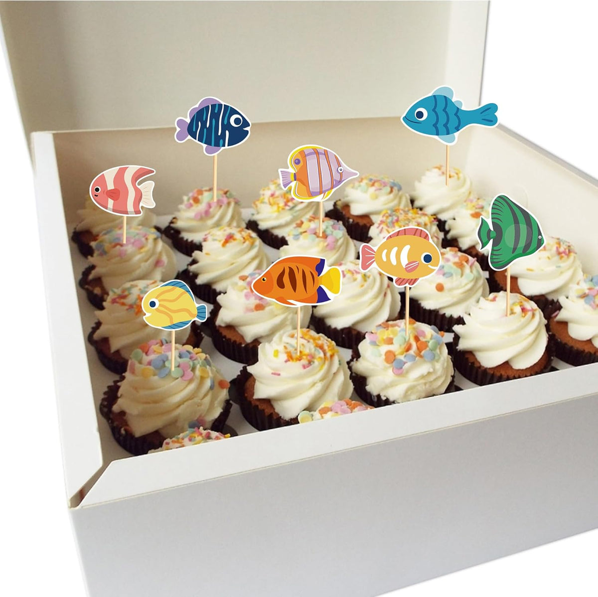 24pcs Fish Cupcake Toppers Go Fishing Theme Decorations Baby Shower Boys Girls Happy Birthday Party