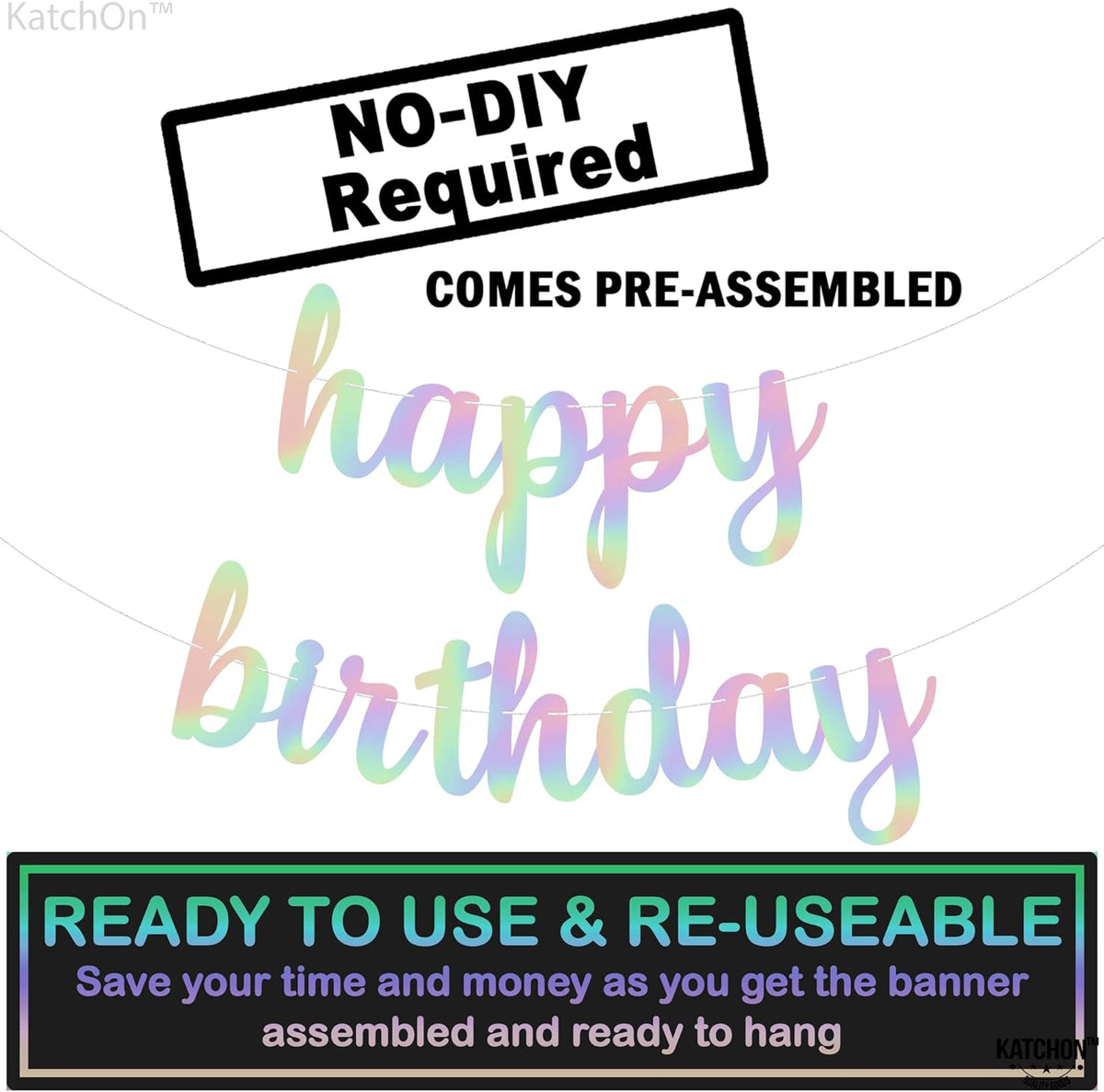 KatchOn, Pre-Strung Iridescent Happy Birthday Banner - 10 Feet | Iridescent happy Birthday Sign for