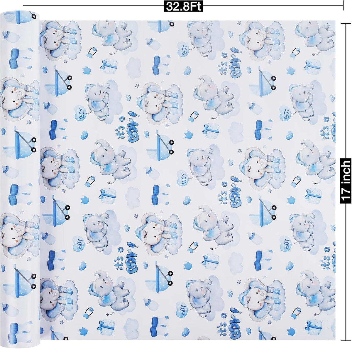 Aimyoo Blue Baby Shower Wrapping Paper Roll - 17 Inch X 32.8 Feet - Cute Elephant with It‘s A Boy