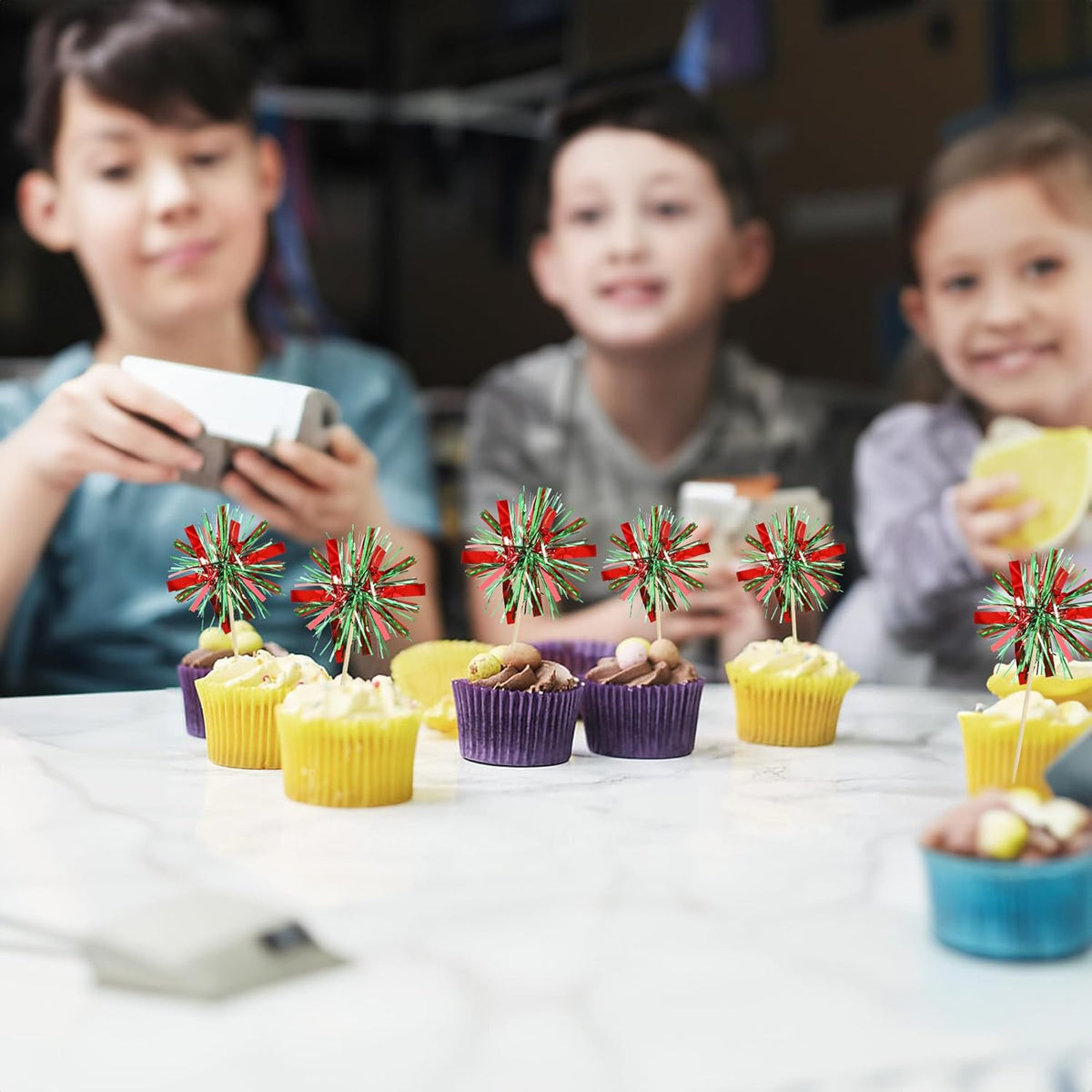 Gyufise 20Pcs Foil Firework Cupcake Toppers Happy Birthday Cake Toppers Tinsel Flower Drink