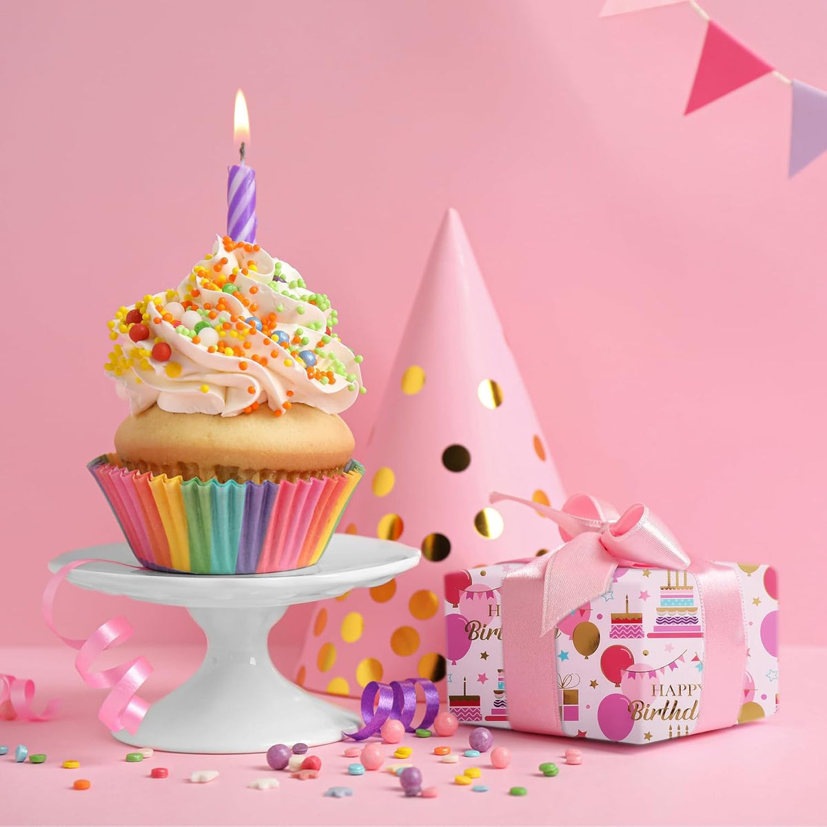 Aimyoo Pink Birthday Wrapping Paper Roll - 17 Inch X 16.4 Feet - Gold Foil Celebration Cake