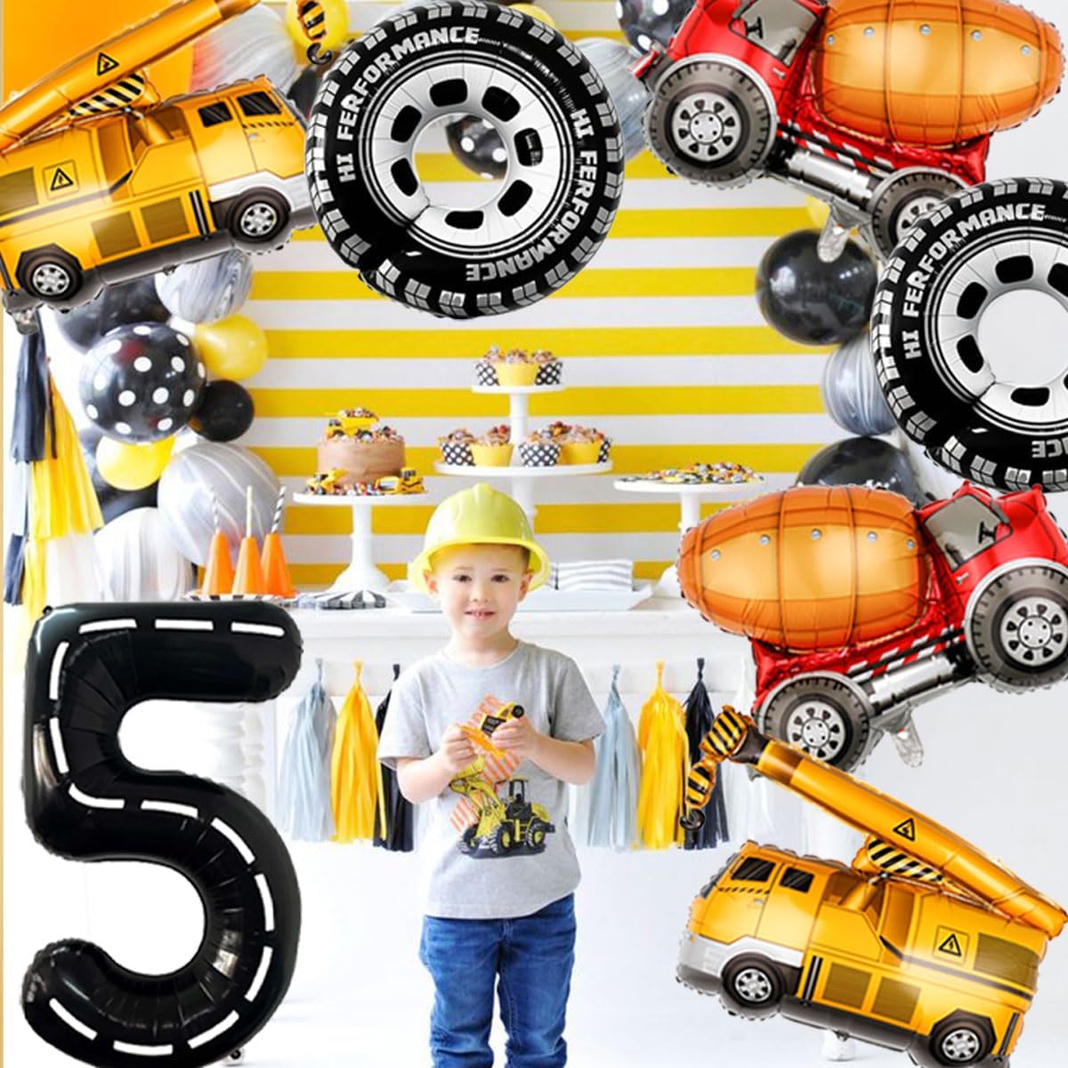 Construction Balloons 5rd Birthday Decorations for Boys 40inch Number 5 Balloons Truck Foil Balloon
