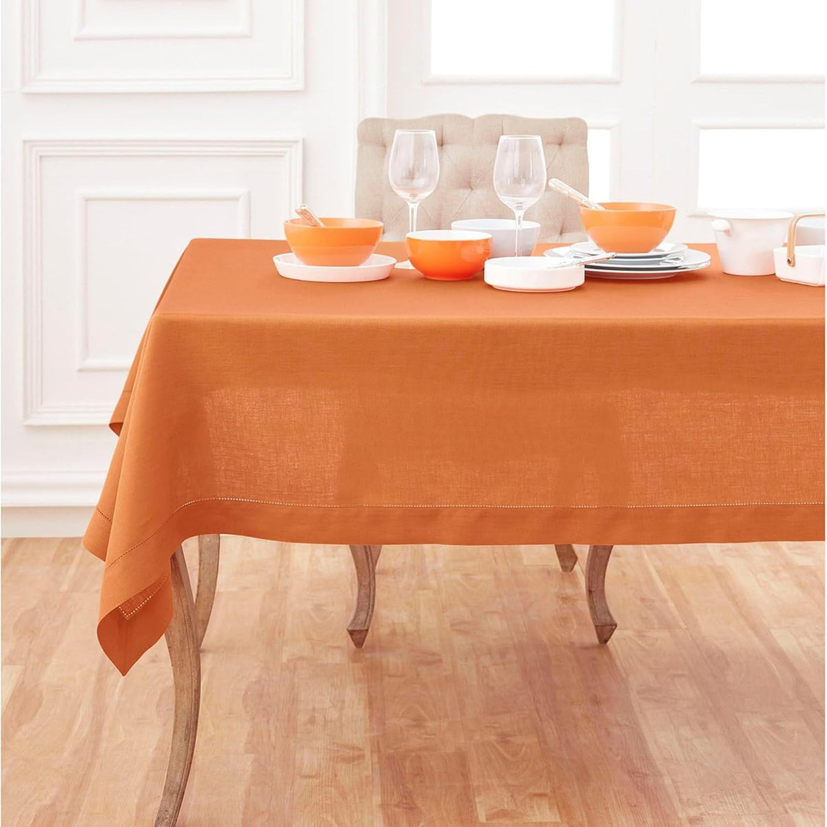 Solino Home Linen Square Tablecloth 52 x 52 Inch - 100% Pure Linen Pumpkin Table Throw - Classic
