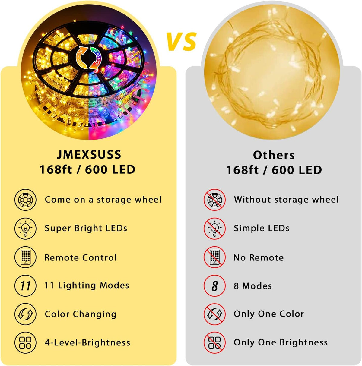 JMEXSUSS 600 LED Color Changing String Lights Plug in, 168FT Warm White & Multicolor Christmas
