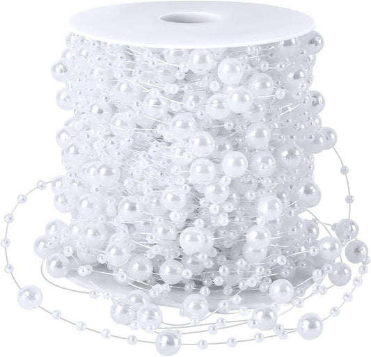 JULBEAR Beads Garland Decoration,1Rolls 131Feet White Christmas Pearl Strands Chain Bead Garland