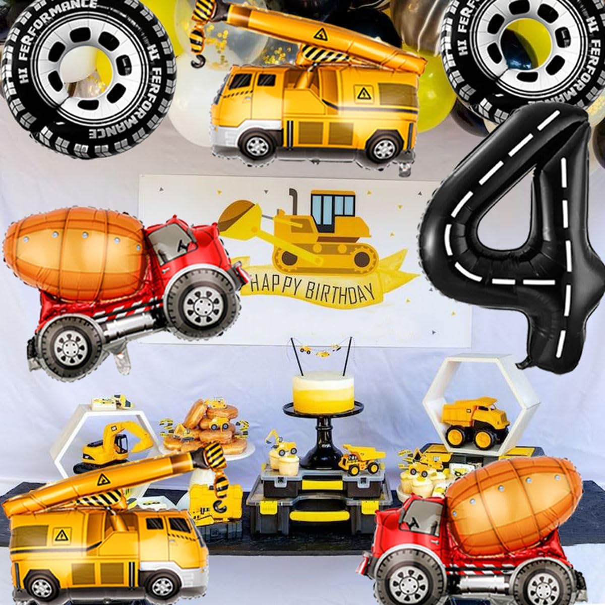 Construction Balloons 4rd Birthday Decorations for Boys 40inch Number 4 Balloons Truck Foil Balloon