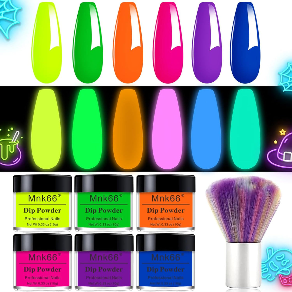 Glow in the Dark Nail Powder, 6 Colors Glow Dark Powder Dip Powder, Luminous Pigment Powder