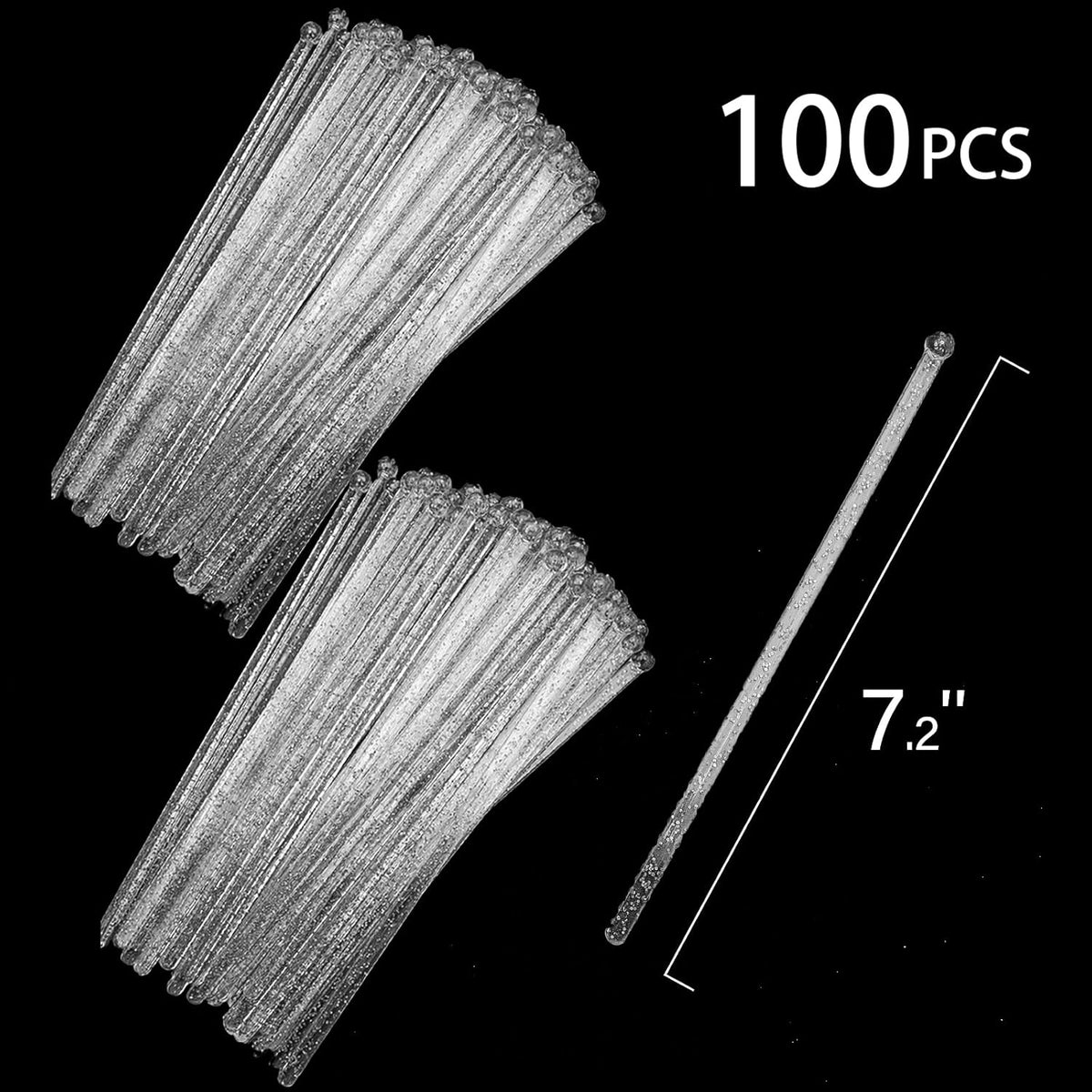 100-PCS Silver Glitter Plastic Swizzle Sticks, Crystal Cake Pops, Cocktail Coffee Drink Stirrers