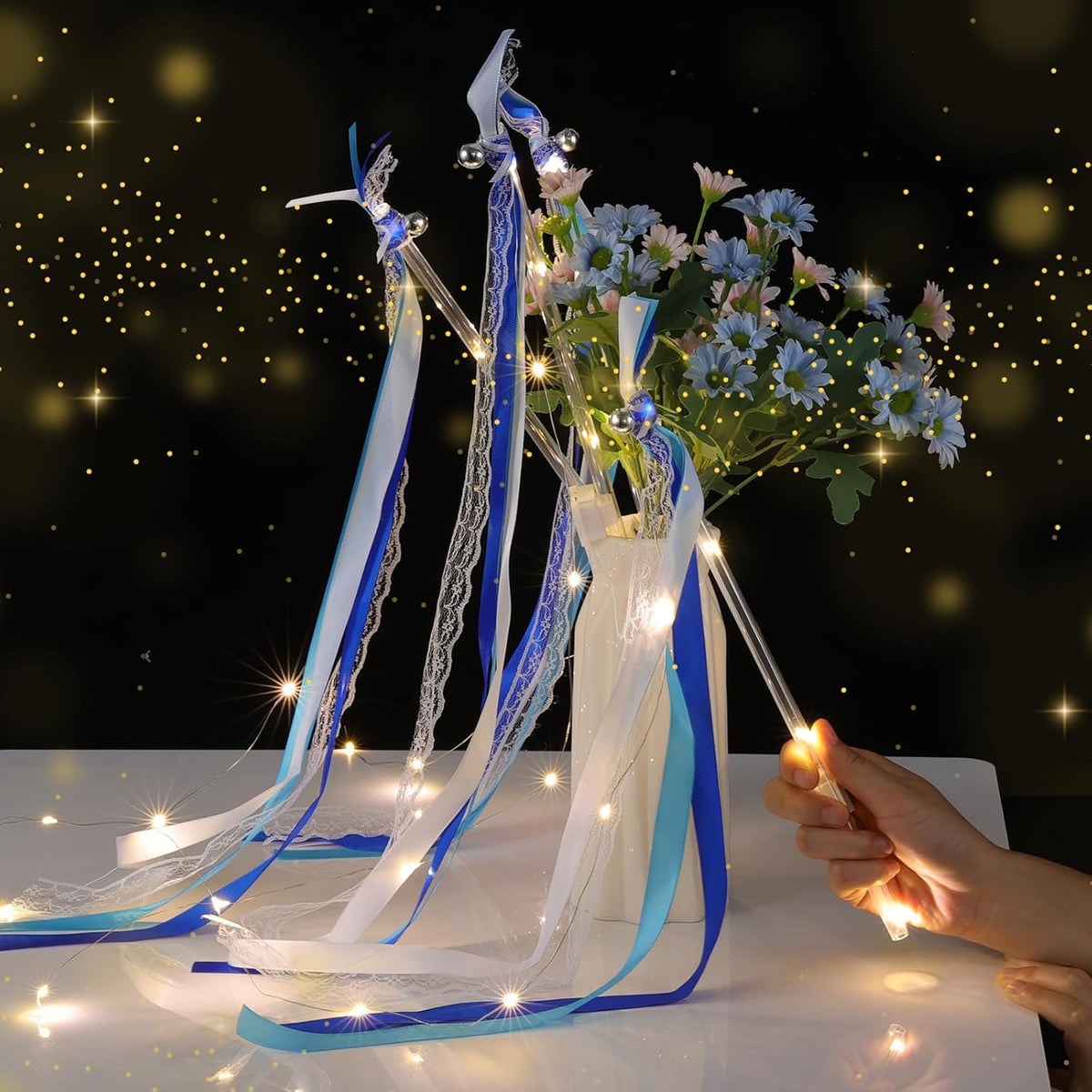 100 Pcs Wedding Wands Ribbon with 3 Colorful Flashing Modes, Light up LED Silk Fairy Wands, Glow