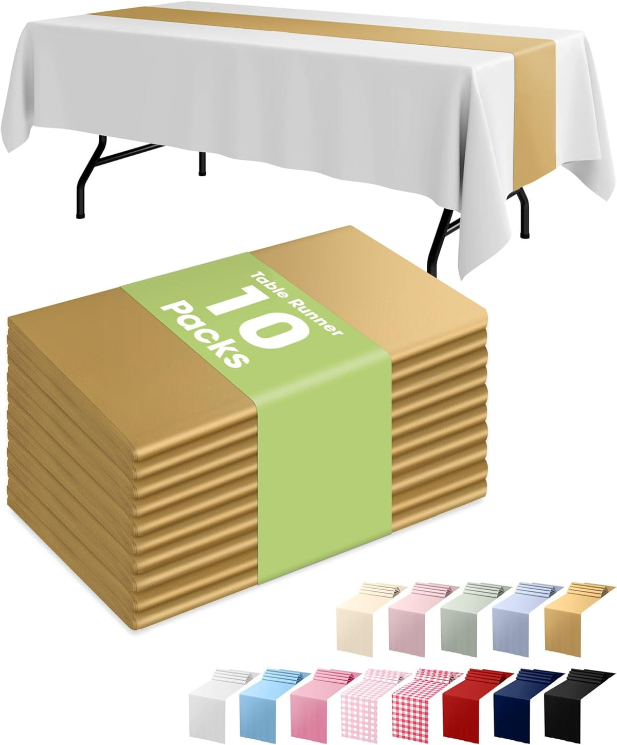 Pureegg Gold Plastic Table Runners - 10 Pack, 14'' x 108'', Water Resistant & Disposable