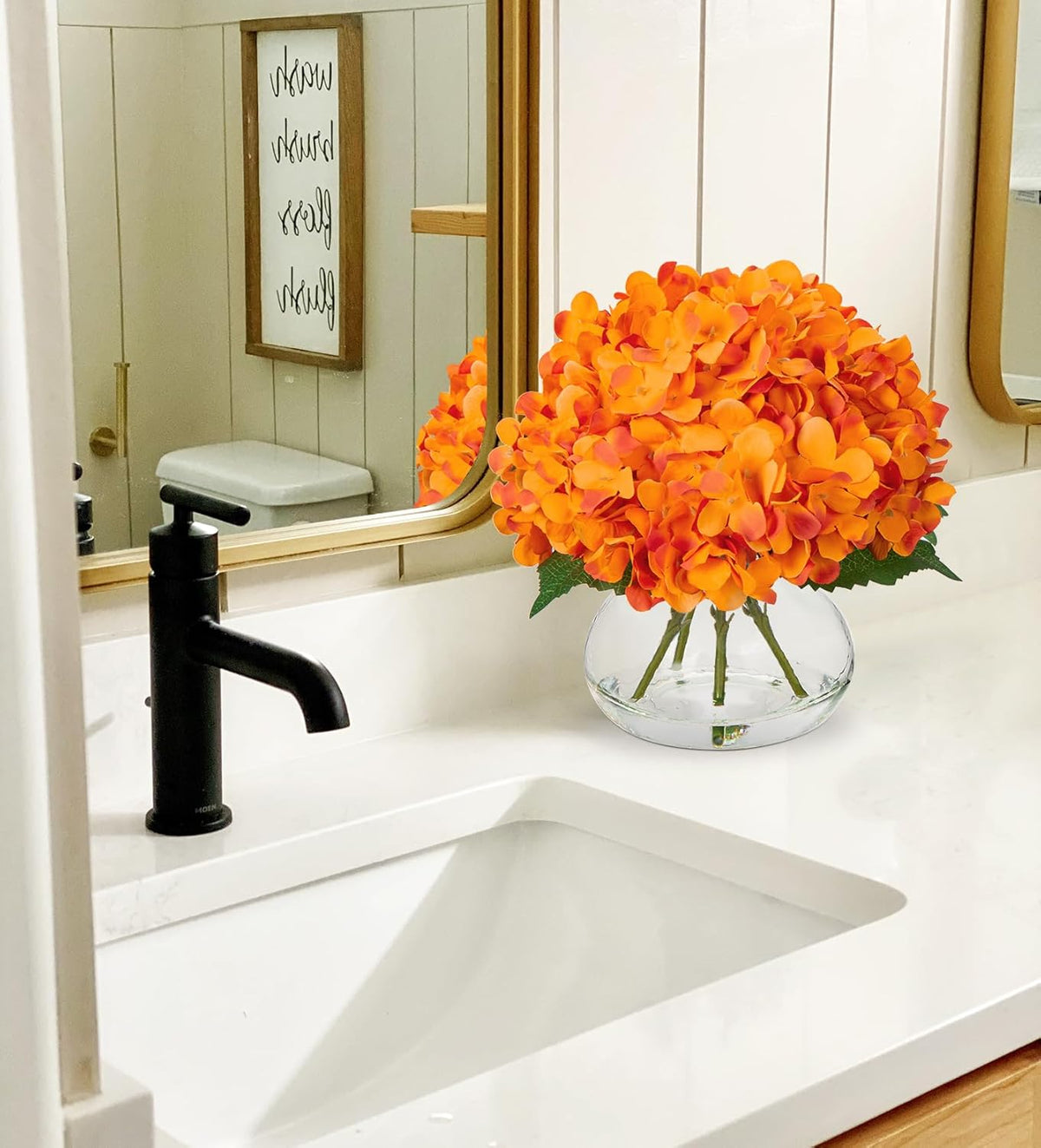 Hollyone Hydrangea Artificial Flowers in Vase Orange Silk Fake Flowers Arrangements with Glass Vase