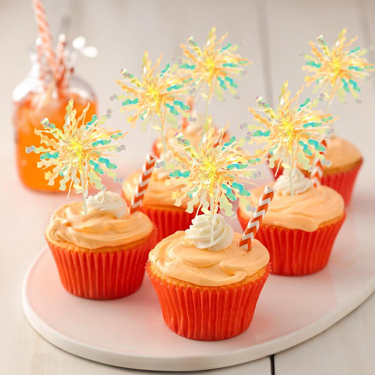 Gyufise 20Pcs Foil Firework Cupcake Toppers Happy Birthday Cake Toppers Tinsel Flower Drink