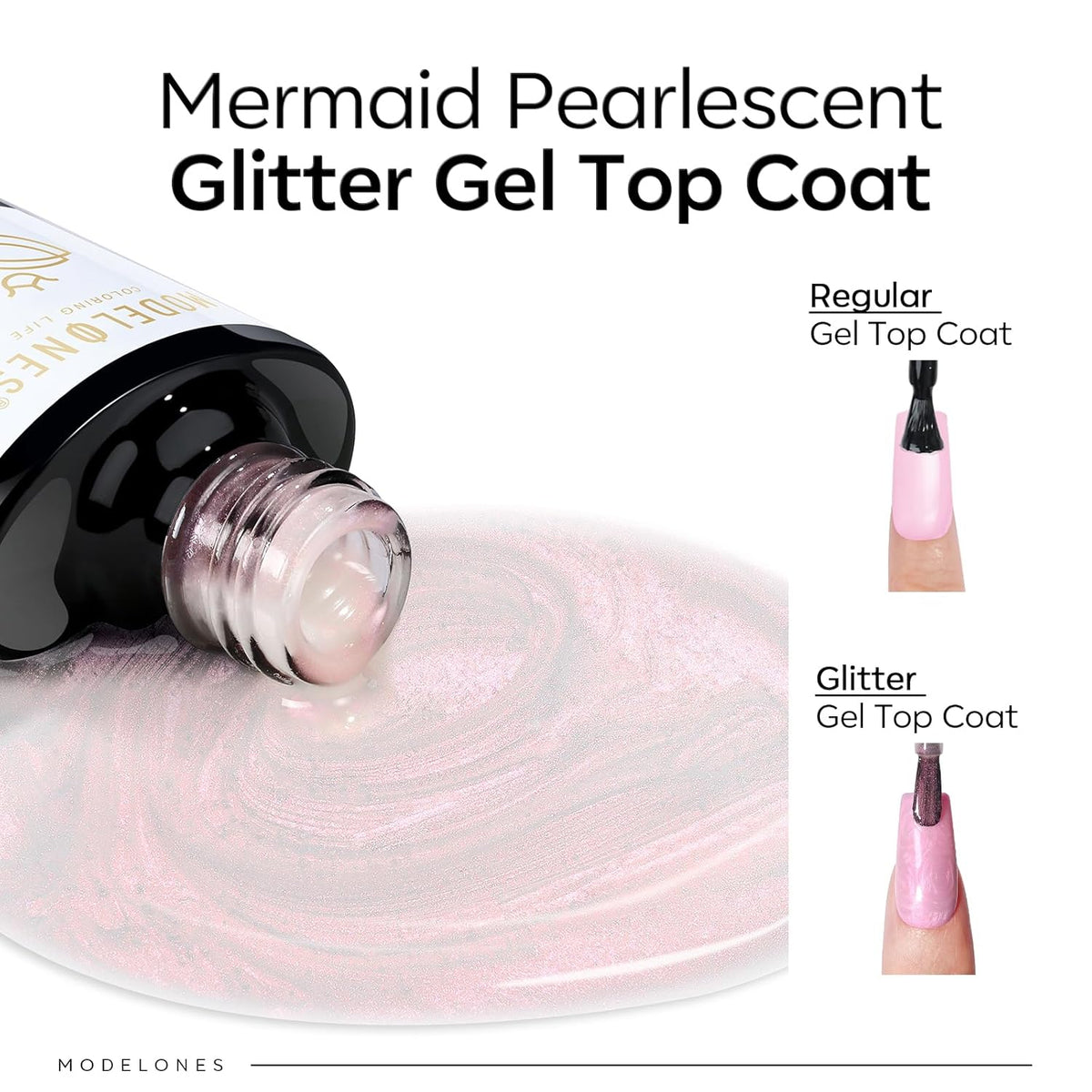 modelones Pearl Gel Nail Polish Top Coat, 2-in-one Clear Pearlescent Glitter Glossy Sparkle Finish