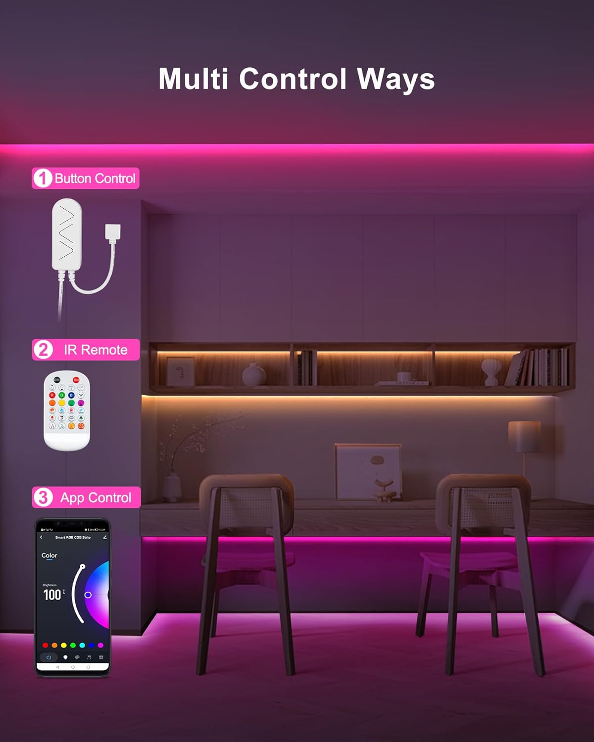 32.8ft Bluetooth RGB COB Led Strip Lights with Remote, Dimmable Smart App Led COB Light Strip