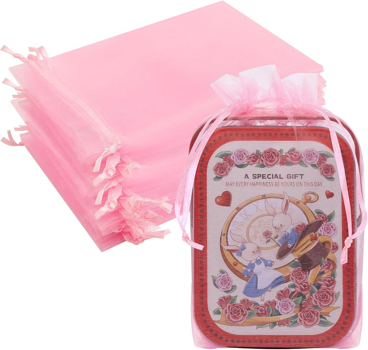 50 Pcs Pink Organza Bags 6x9 Inch, Mesh Drawstring Pouch Bags for Gifts, Jewelry, Wedding Party