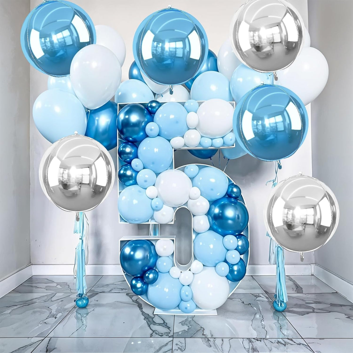 6Pcs Blue Silver Round Foil Balloons, 22inch 4D Metallic Silver Blue Balloons, Large Round Foil