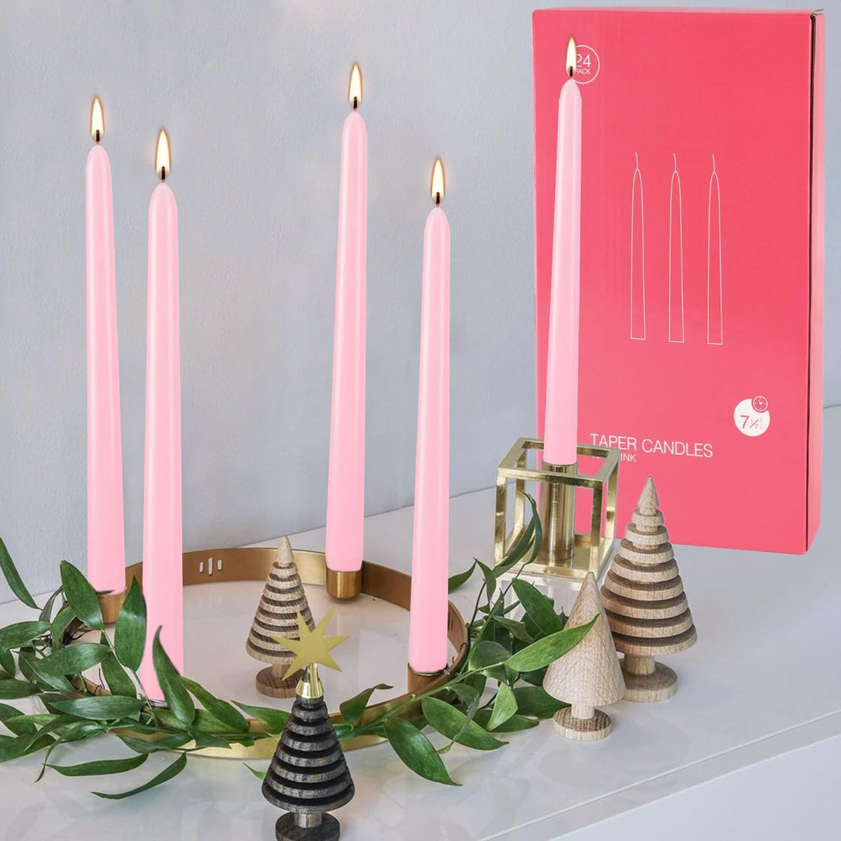 24 Pack Pink Taper Candles, 7-8 Hours Burn Time, Unscented, Smokeless and Dripless, 0.75 x 10 Inch
