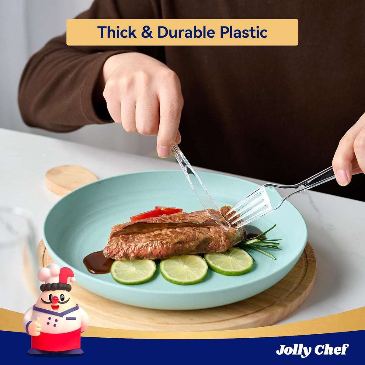 JOLLY CHEF 300 Count Clear Plastic Forks Heavy Duty, 7.1" Heat Resistant Solid and Durable Plastic