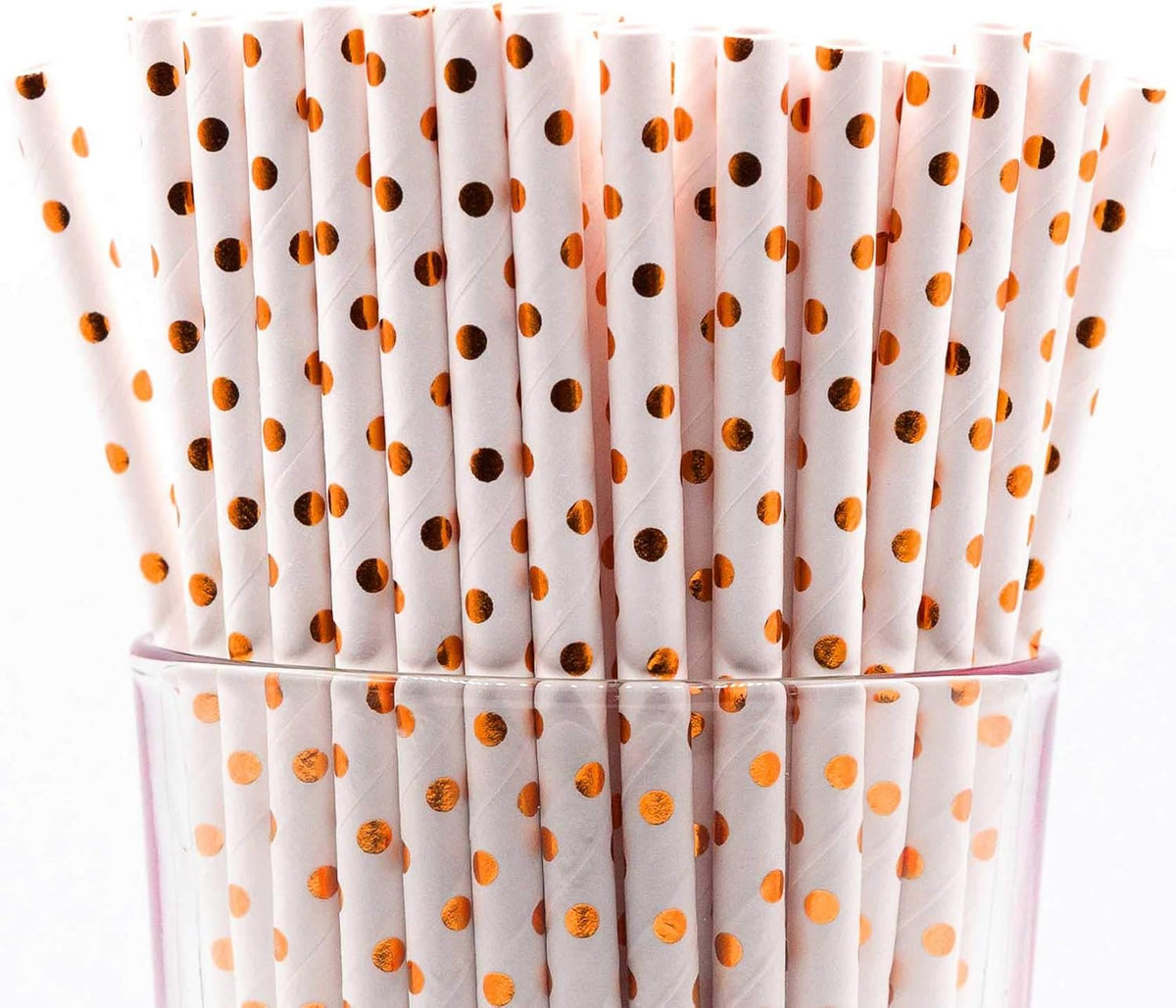 Pack of 150 Rose Gold Polka Dot Foil Biodegradable 4-Ply Paper Drinking Straws (Compostable