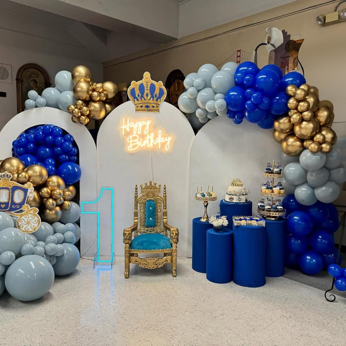 Navy Blue Gold Balloons, 12 Inch Dusty Light Blue Golden Latex Balloon Set for Boys Birthday Winter