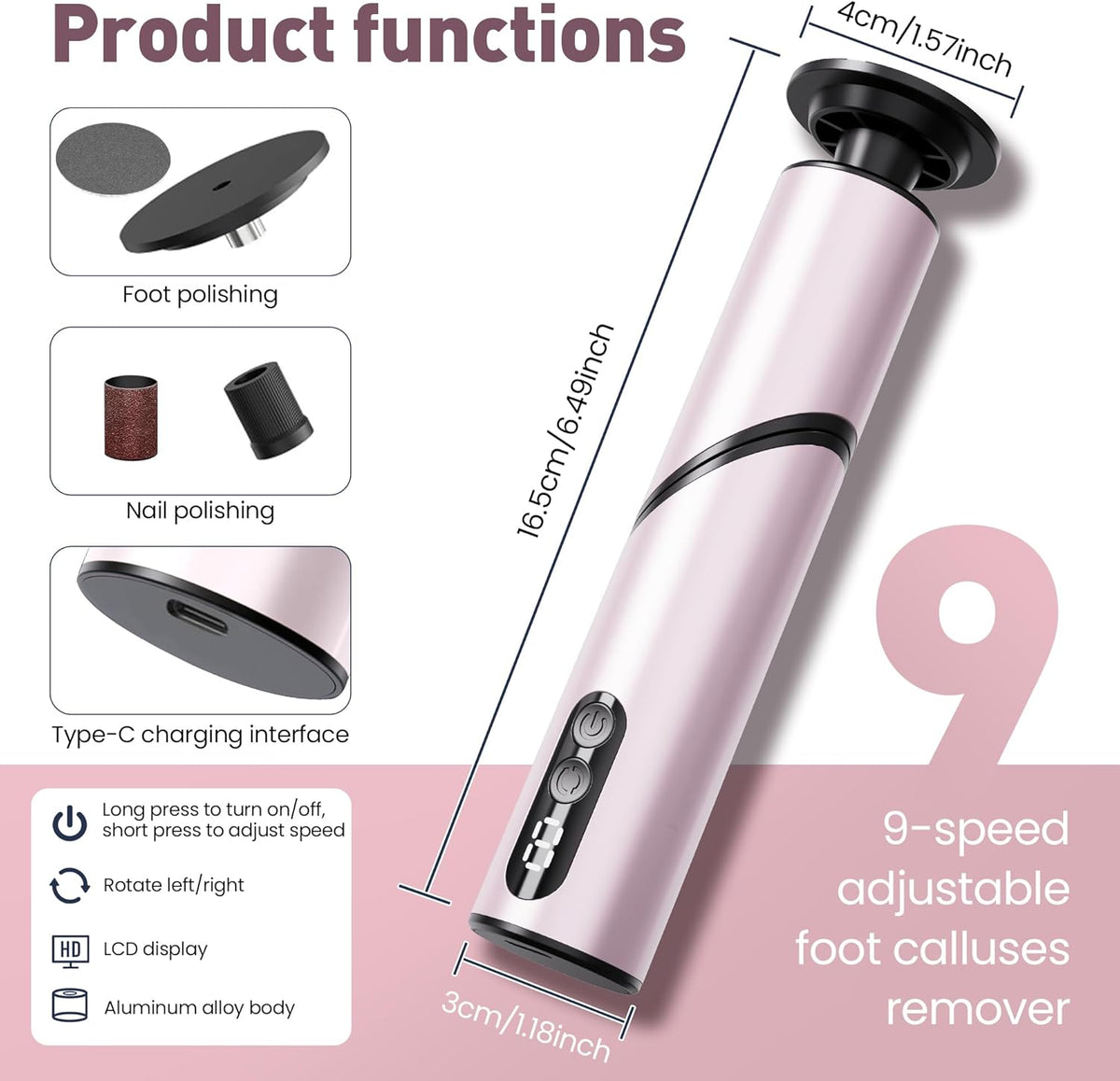 Electric Foot Callus Remover,2 in1 Rechargeable Callus Remover for Feet,9-Speed Wireless Electric