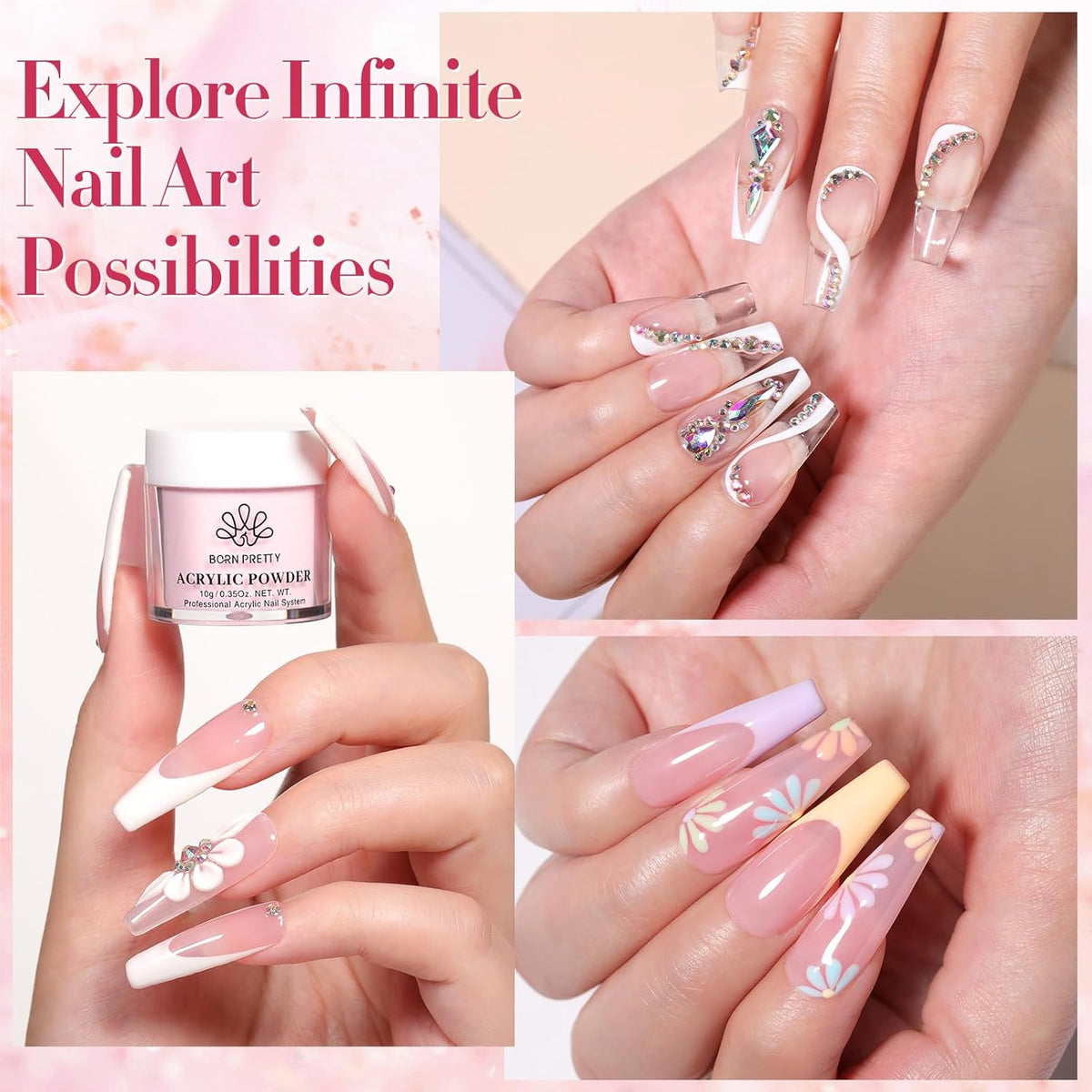 BORN PRETTY Acrylic Nail Kit - Acrylic Powder (Clear, White, Pink) & Liquid Set with Nail Forms