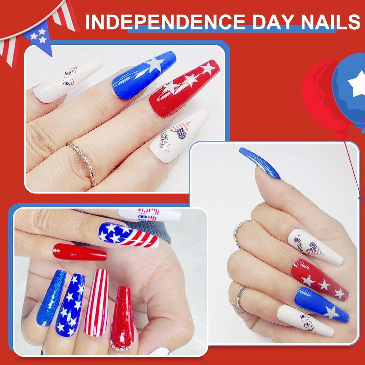 Honey Joy Dip Powder Nail Kit Starter,4 Colors Red White and Blue Nails Fourth of July Firework