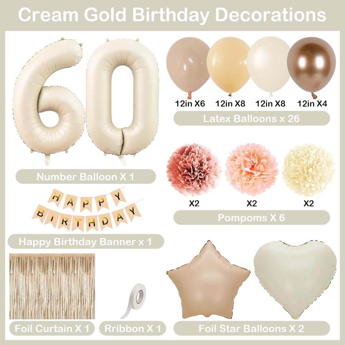 Beige 60th Birthday Decorations for Women Cream Number 60 Balloon Nude Gold Happy Birthday Banner