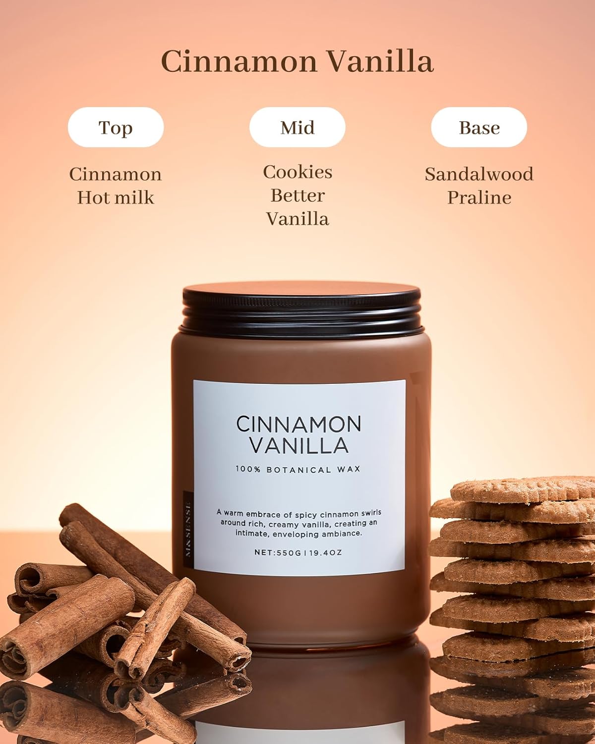 M&SENSE Cinnamon Vanilla Fall Scented Candles for Home, Natural Soy Wax 19.4oz 110 Hours Large Long