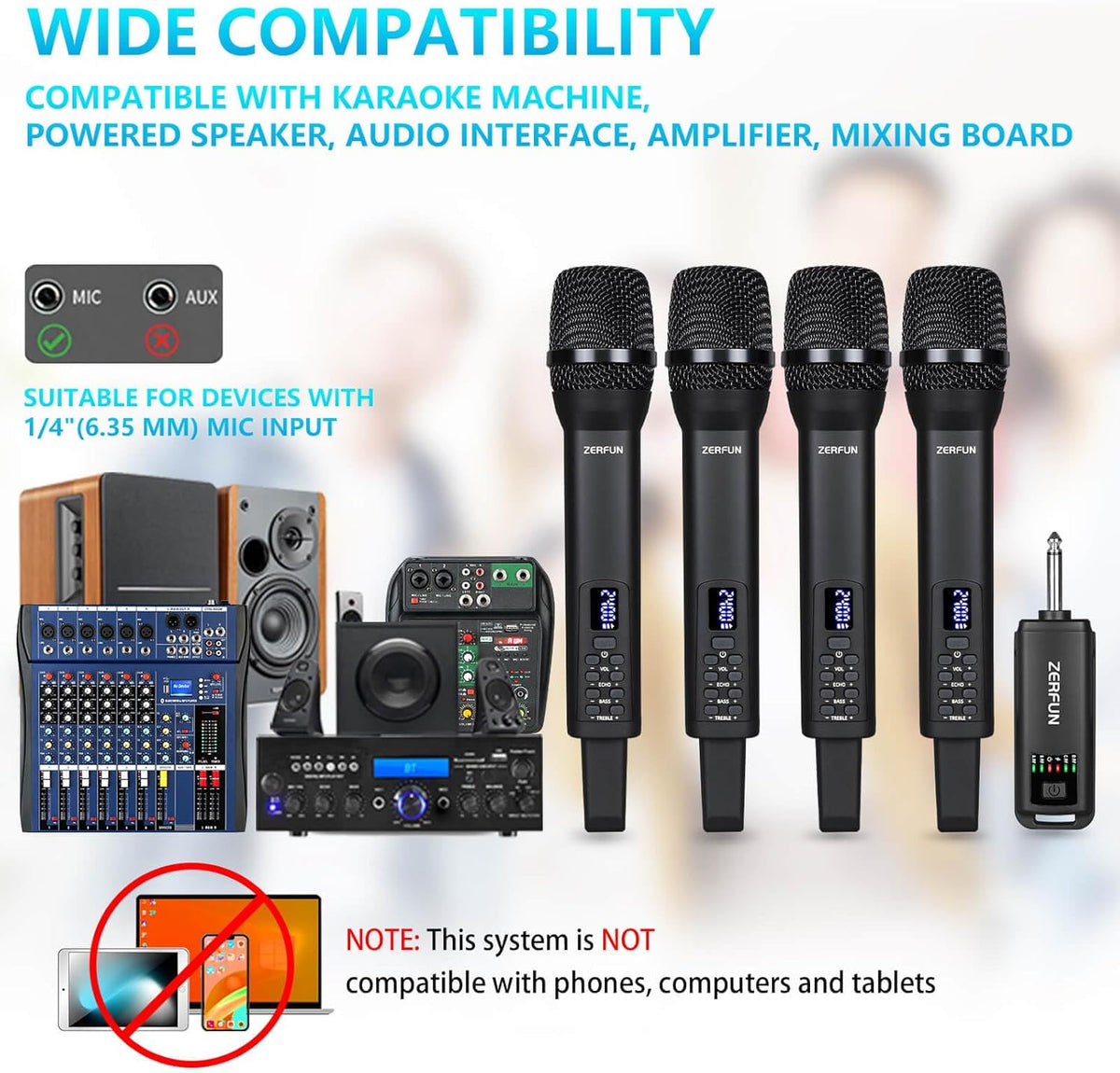Rechargeable Wireless Microphones 4, Pro Handheld Cordless Mics System Dynamic with Echo Treble