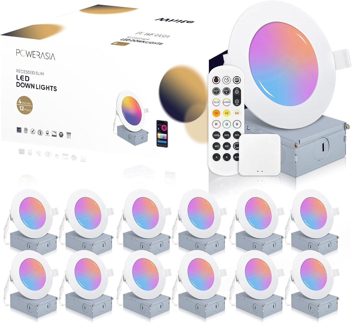 12 Pack Smart Recessed Lighting 4 Inch, Ultra-Thin LED Recessed Lighting 9W 700LM Smart Downlight