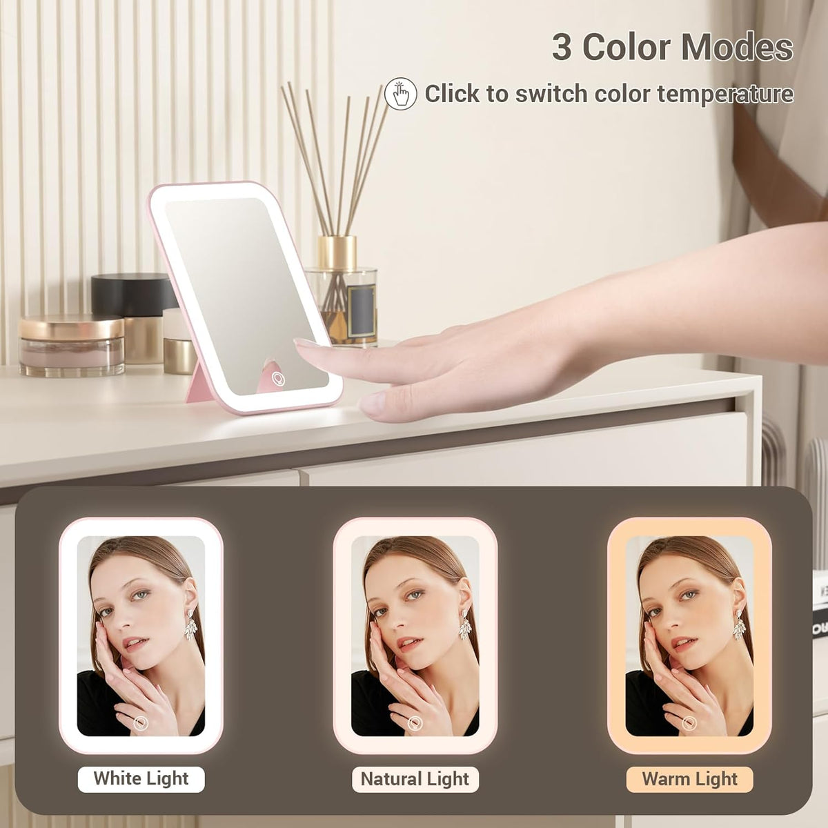 Kintion Travel Makeup Mirror, 6"*4.2" Rechargeable Portable LED Lighted Tabletop Vanity Mirror, 3