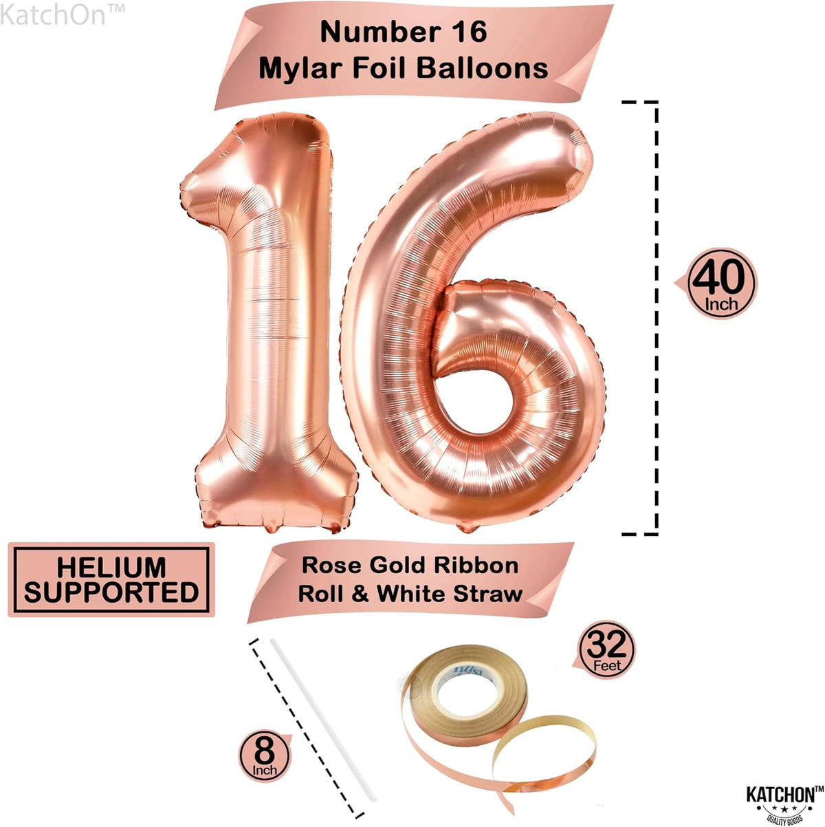 KatchOn, Rose Gold 16 Balloon Numbers - 40 Inch | Foil Balloon For 16th Happy Birthday Decorations