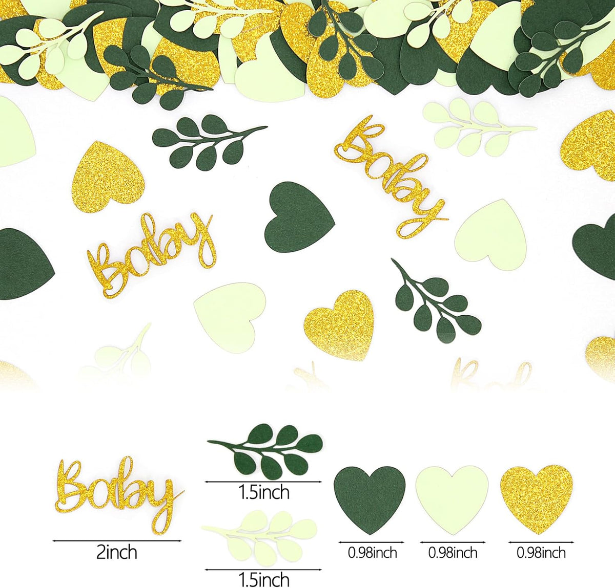 200PC Sage Green Baby Shower Confetti Green Gold Glitter Heart Table Confetti for Greenery Gender