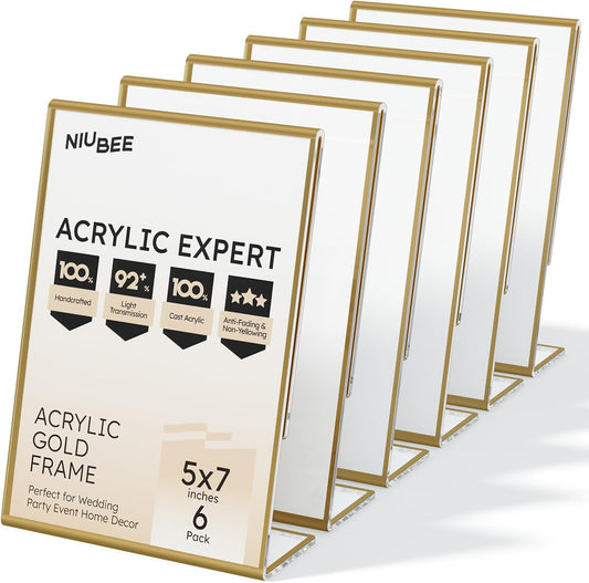 NIUBEE 6 Pack 5 x 7 Acrylic Gold Frame, Slanted Back Table Sign Holder for Wedding Table Numbers