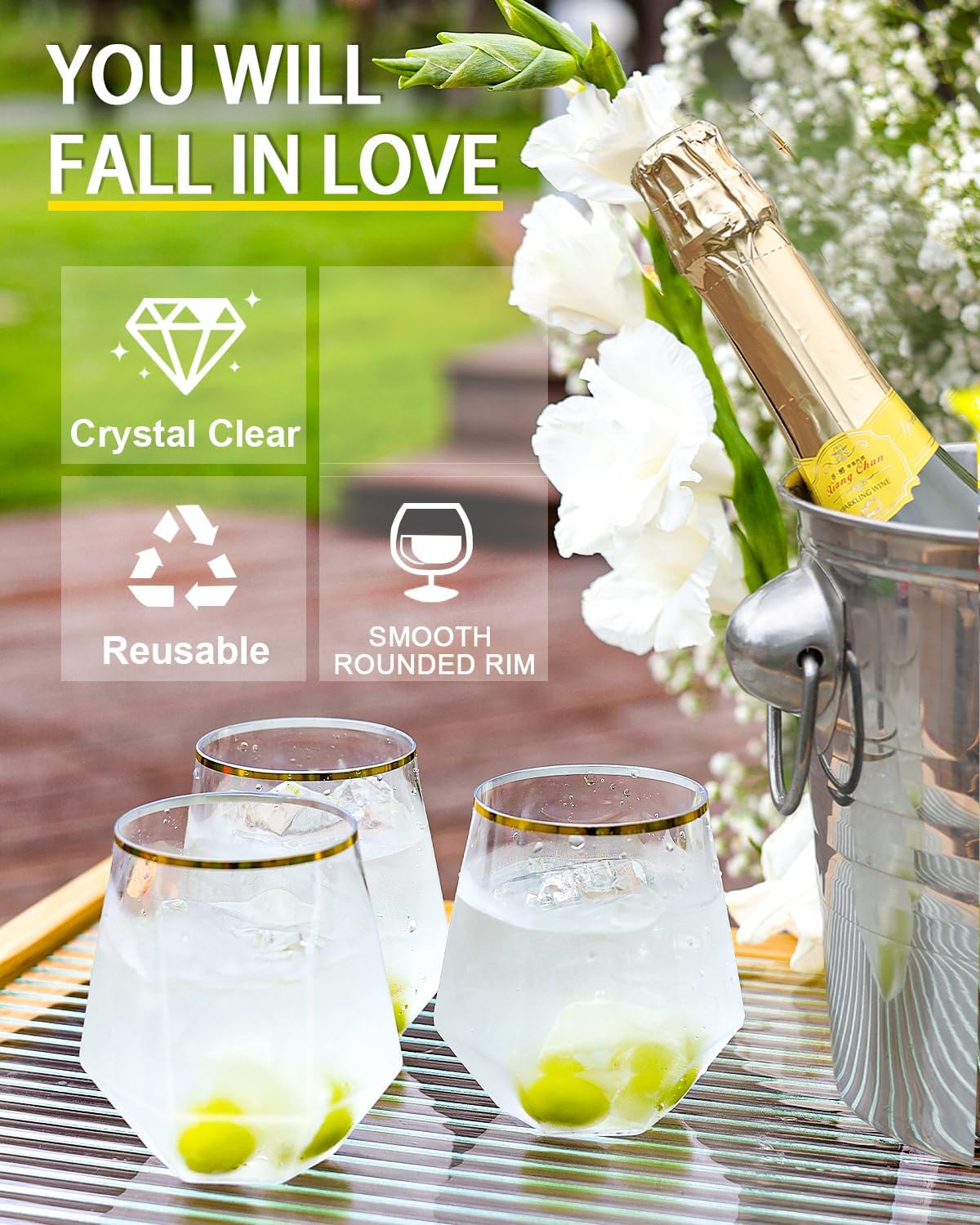 40 Pcak Plastic Stemless Wine cocktail Whiskey Champagne Glasses, 12 Oz Gold Rim Disposable Clear
