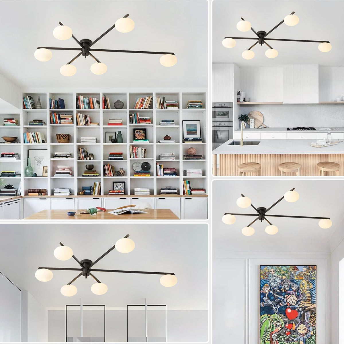 6-Light Mid Century Semi Flush Mount Black Matte Sputnik Chandelier Fixtures with Milk Glass Shade