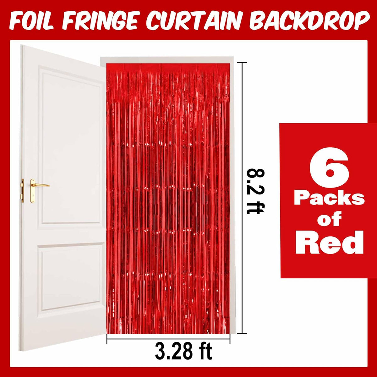 6 Pack Red Foil Fringe Curtains Backdrop, 3.28 x 8.2 Ft Metallic Streamers Tinsel Curtains