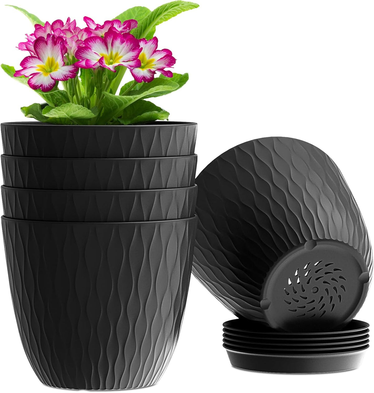 6 inch Plant Pots, 5 Pack Flower Pots with Drainage Holes and Saucers for Indoor Plants, Plastic