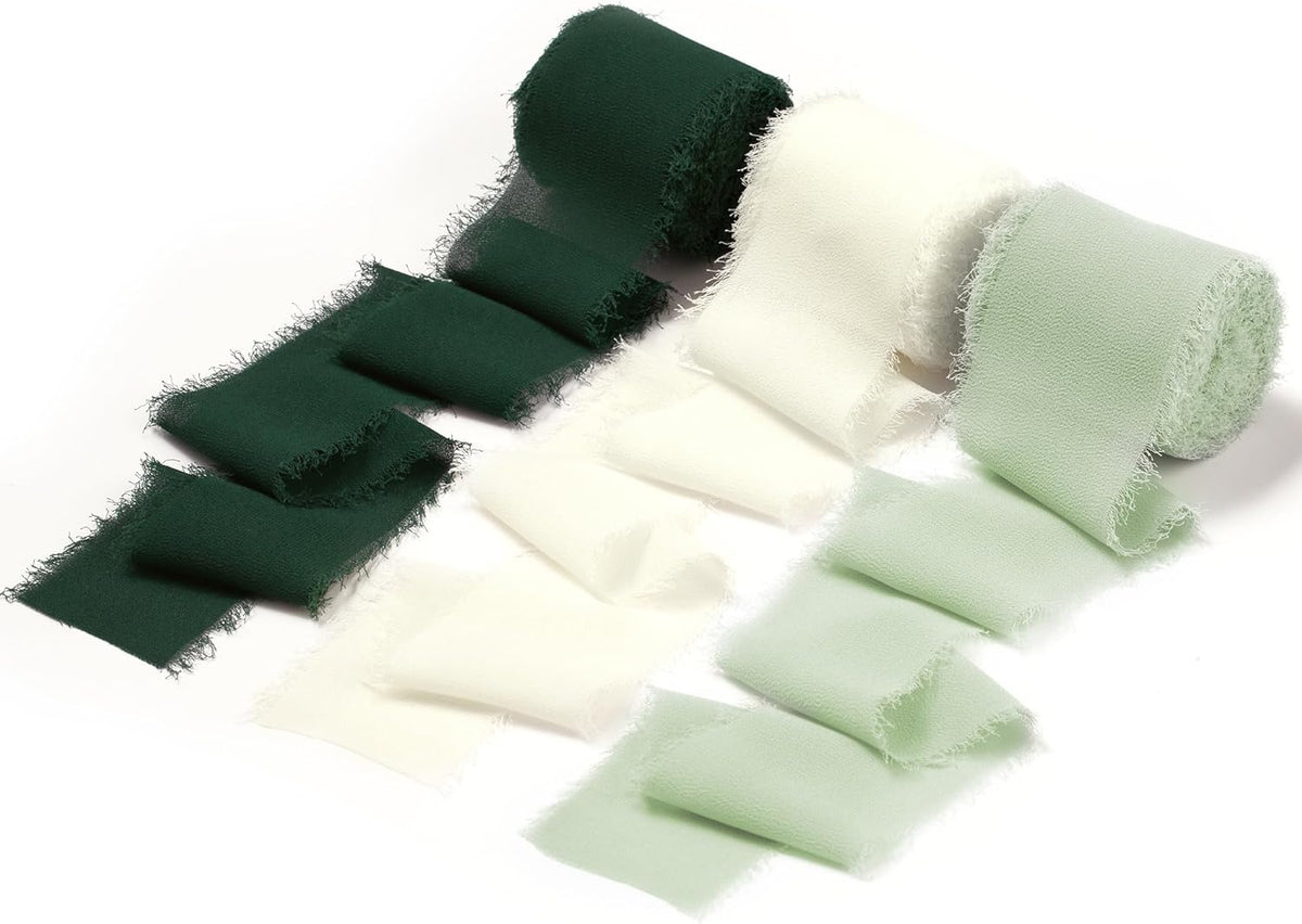 DORIS HOME 2" x21Yd Chiffon Ribbon for Flower Bouquet, Green & Cream Fabric Ribbon for Gift