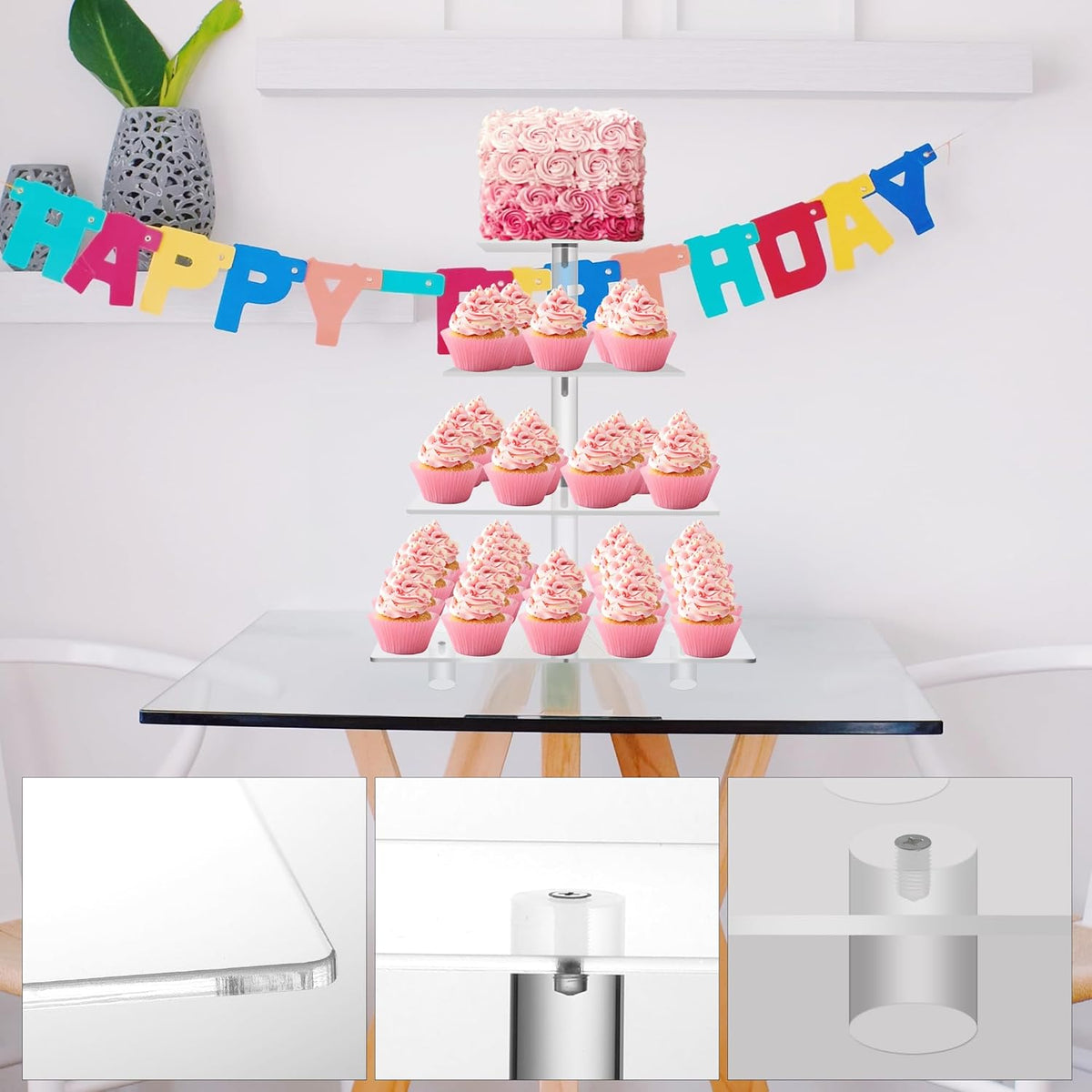 Jusalpha Large 4 Tier Cupcake Stand Square Acrylic Cupcake Tower Stand for Dessert, Pastry, Serving