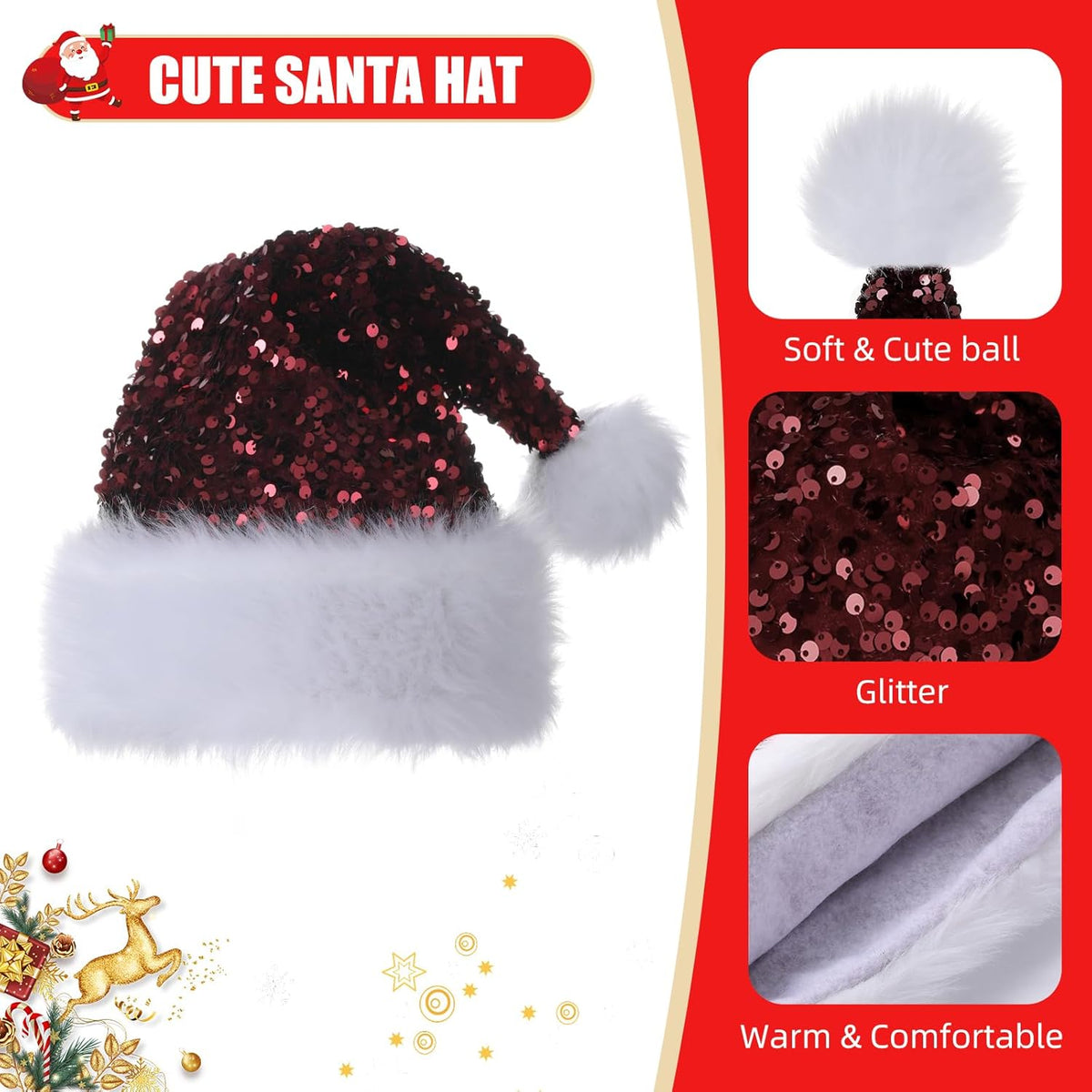Personalized Sequin Santa Hat for Adults, Red Glitter Christmas Party Hat, Xmas Halloween New Year