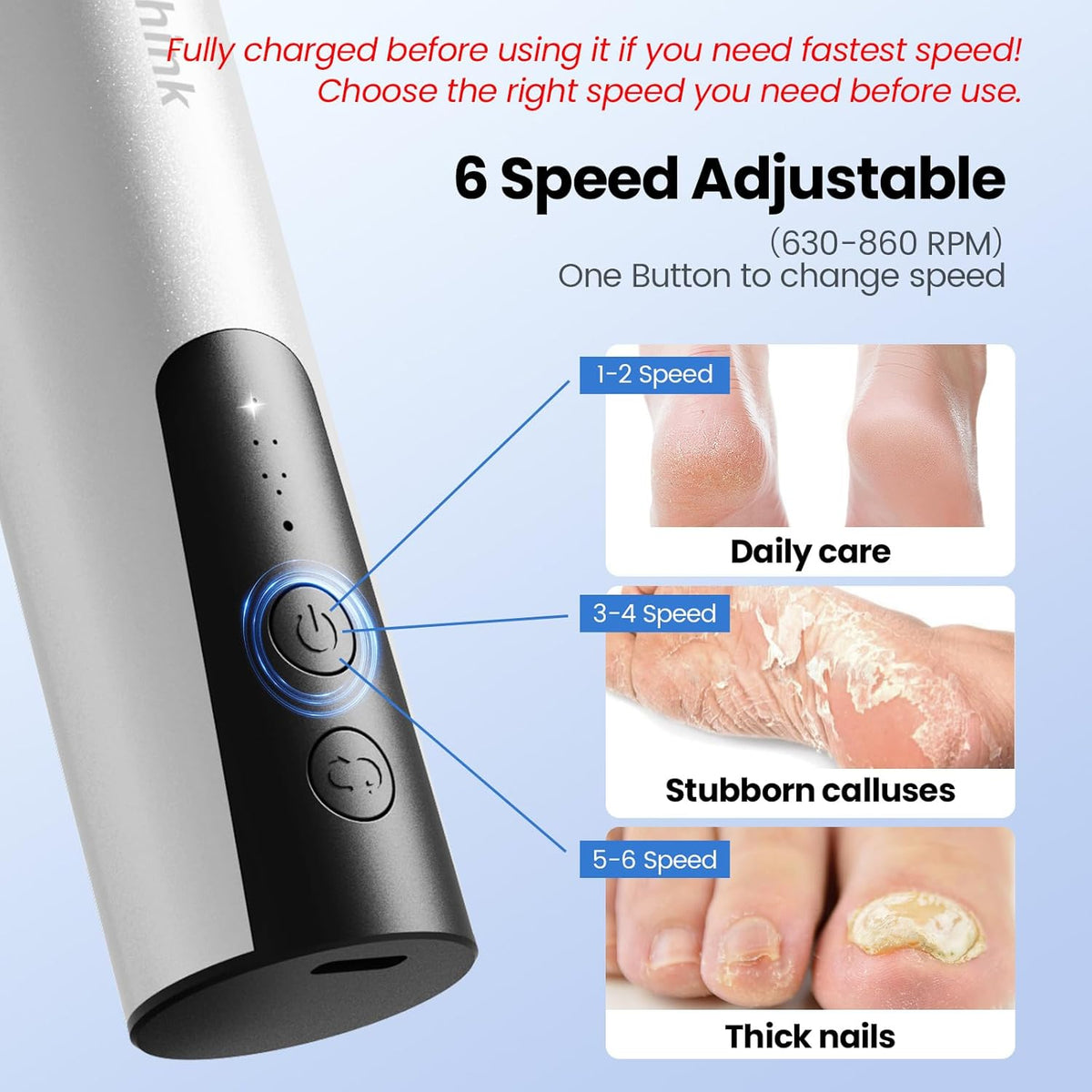 Electric Foot Callus Remover, 2 in 1 | 6 Speed Adjustable Foot File Nail Grinder with Sandpaper