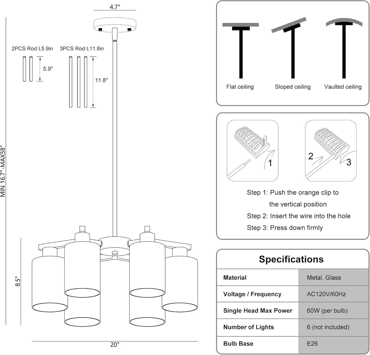 6-Light Modern Farmhouse Brushed Nickel Chandelier, Dining Room Light Fixture Over Table Adjustable