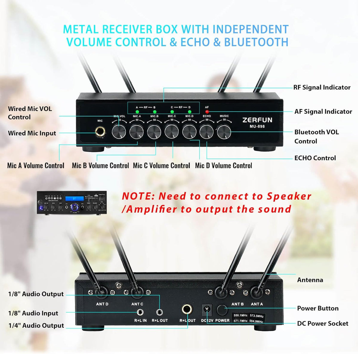 4 Channel Rechargeable Wireless Microphone System, Pro UHF Metal Handheld Wireless Microphones