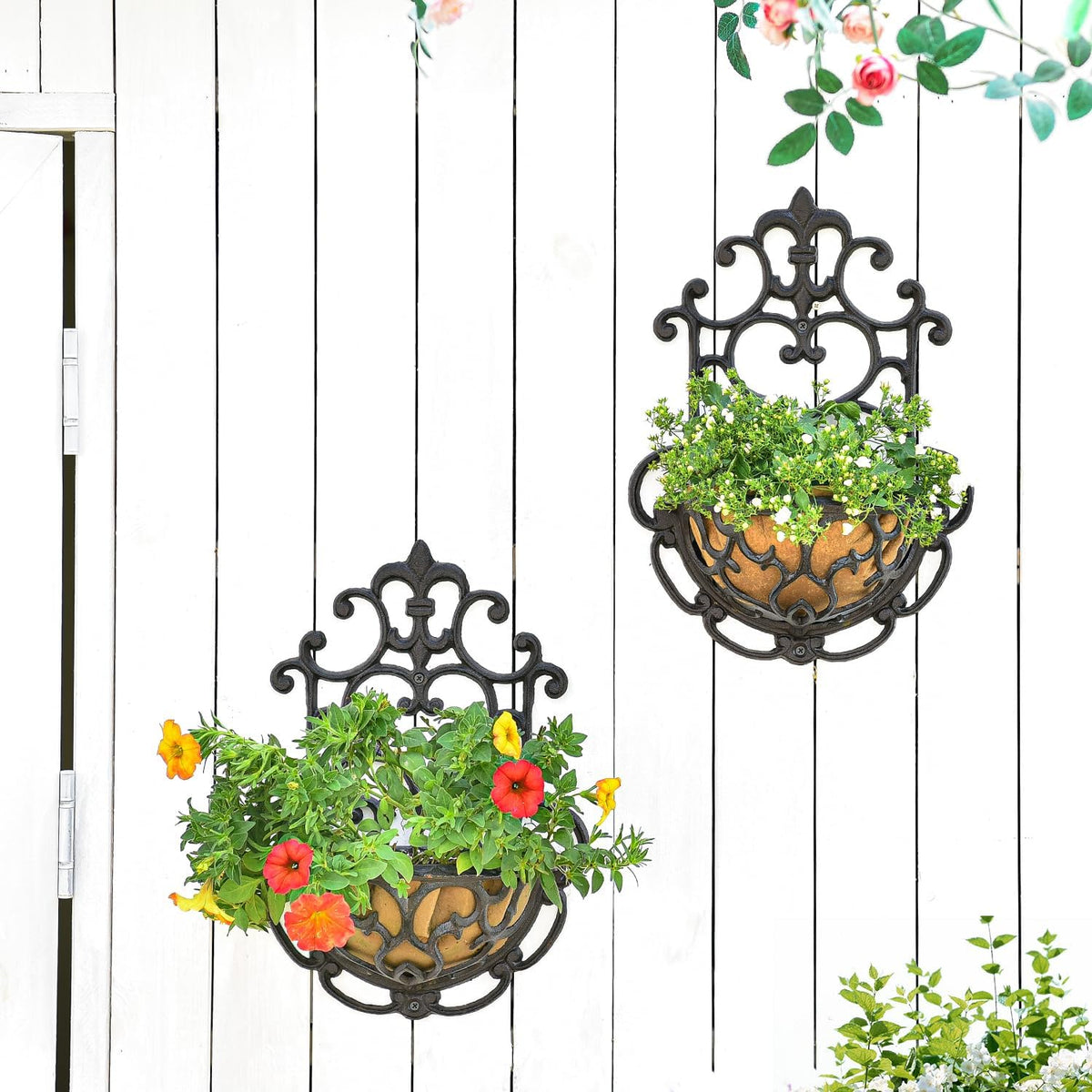 Sungmor 2 Pack Wall Hanging Planter Basket with Fabric Liner, Antique Victoria Style Cast Iron Wall