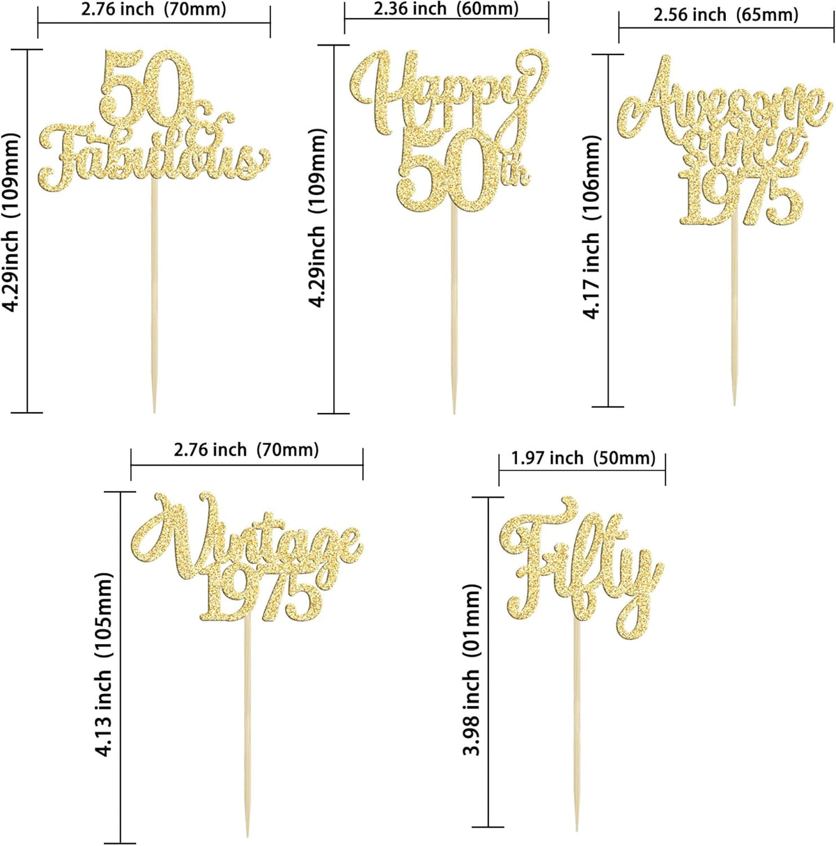 30Pcs Vintage 1975 Cupcake Toppers Glitter Fifty Happy 50th Birthday 50 Fabulous Cupcake Picks