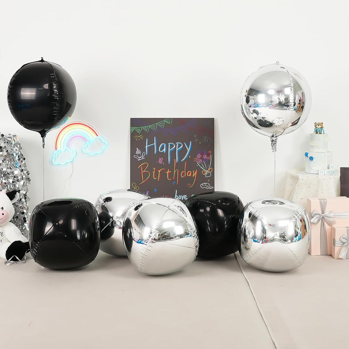6Pcs Black Silver Round Foil Balloons, 22inch 4D Metallic Silver Black Balloons, Large Round Foil